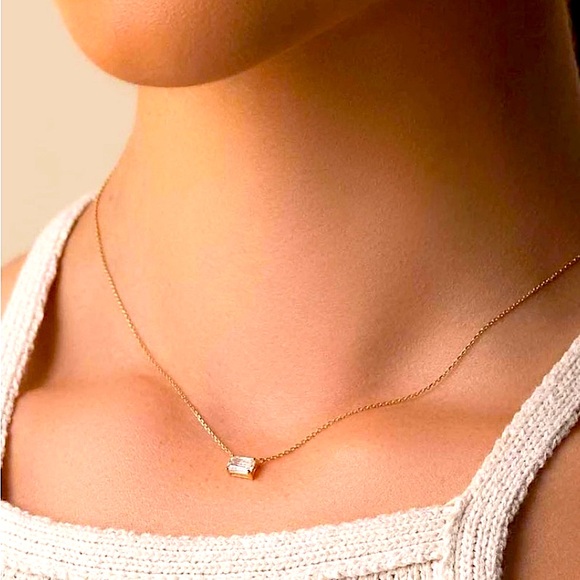 Boutique Jewelry - NEW‎ Minimalist Gold Necklace with Simulated Diamond Emerald Cut Pendant, 16-18”